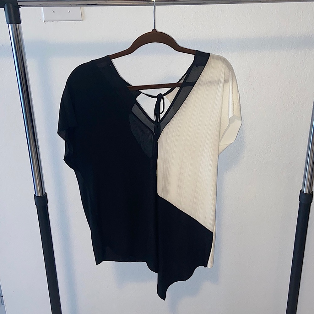 Zara, medium, black and white, asymmetrical blouse.
